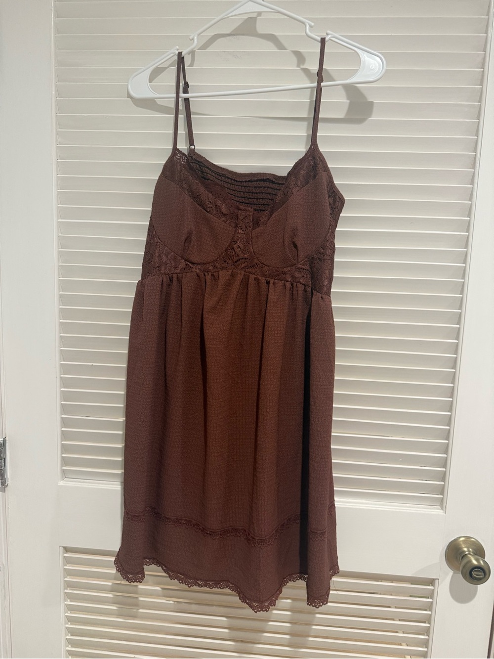 Brown Lace-Detail Spaghetti Strap Dress